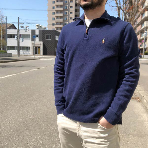 POLO/ラルフローレン/ポロ刺繍入り/ハーフジップ/薄手スウェット/紺系