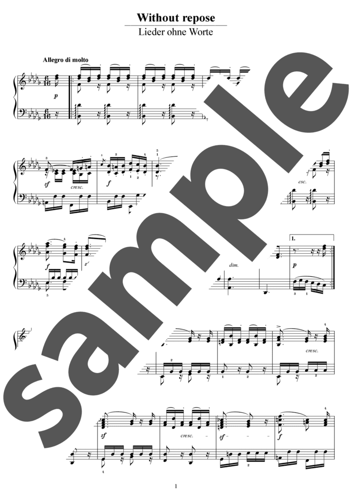 ピアノ楽譜】無言歌集 第2巻 第1番 瞑想 / J.L.F.Mendelssohn（ソロ