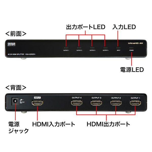 サンワサプライ 4K/60Hz・HDR対応HDMI分配器(4分配) VGA-HDRSP4 1個