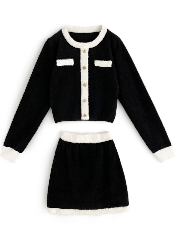 バイカラーニットトップス×ミニスカートセットアップ[at2190