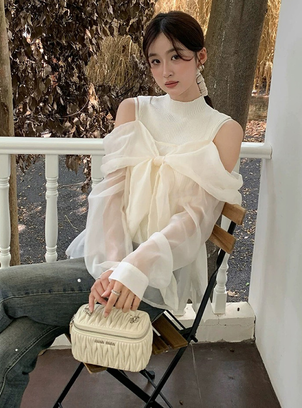 シアーリボンシャツドッキングリブニットトップス[at2348