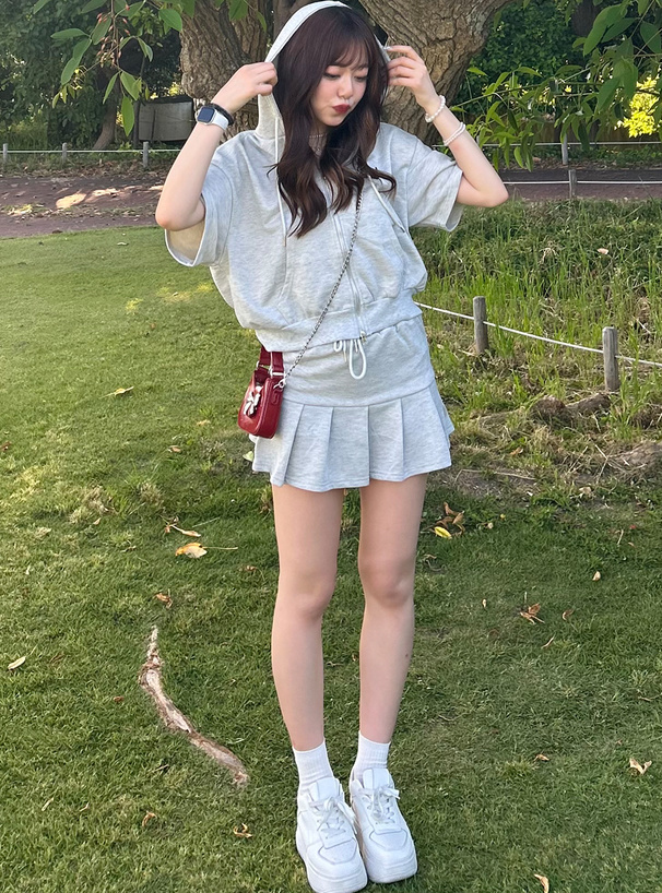 パーカー×プリーツミニスカートスウェットセットアップ[fu166