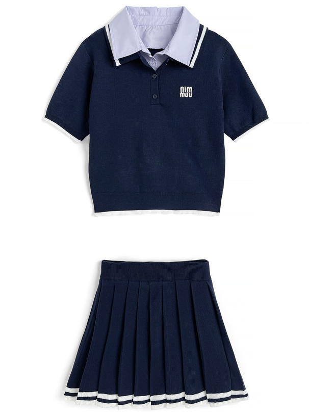 ポロニットトップス×プリーツミニスカートセットアップ[kz678