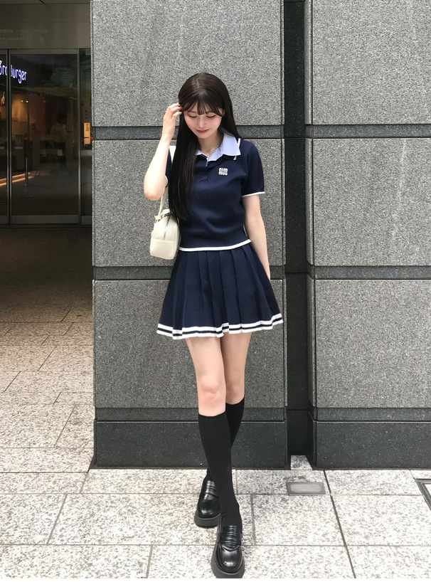 ポロニットトップス×プリーツミニスカートセットアップ[kz678