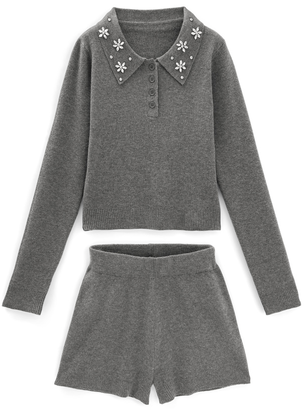 ビジューフラワーポロシャツxショートパンツニットセットアップ[jm014