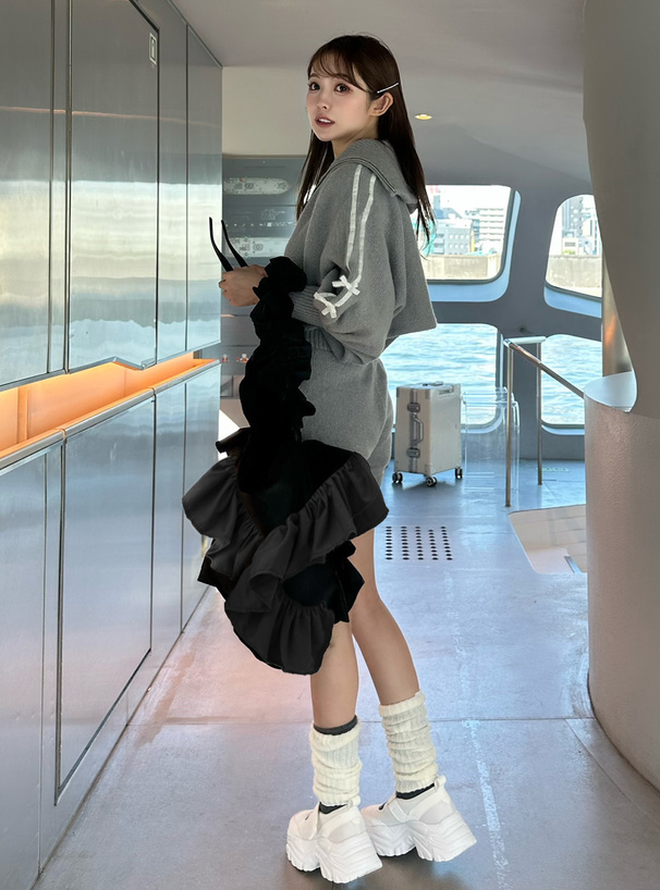 リボンラインジップブルゾン×ショートパンツニットセットアップ[lt51