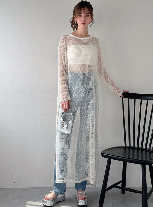 スパンコールシアーメッシュロングワンピース[sm195] | レディース