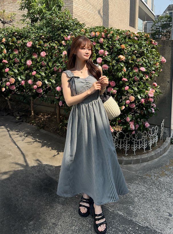 リボンギャザーチェック柄ワンピース[tg801] | レディースファッション