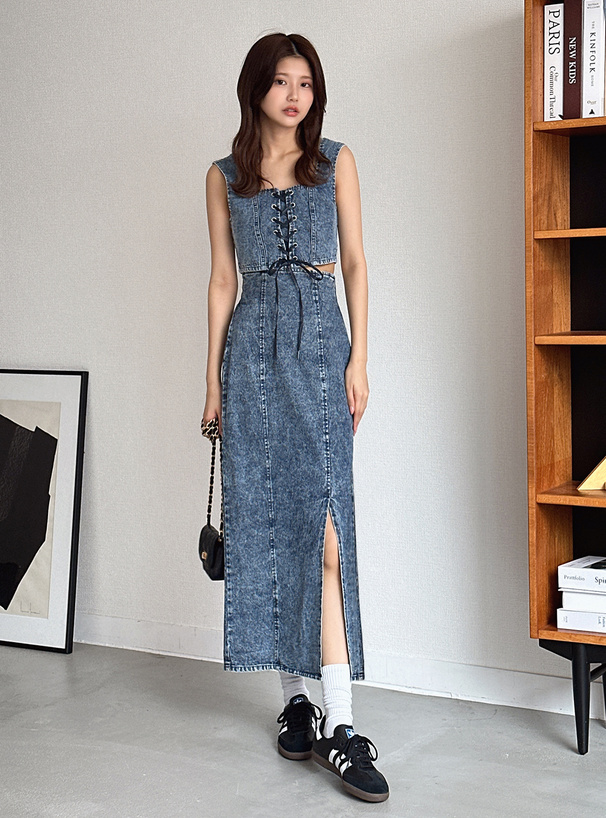 レースアップビスチェ×タイトスカートデニムセットアップ[tu822