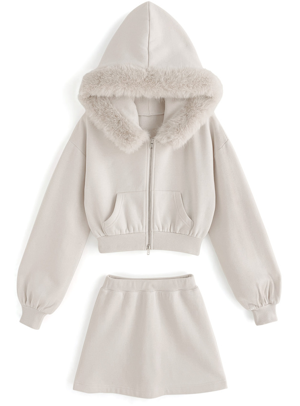 ファーフードジップパーカー×ミニスカートセットアップ[tu935