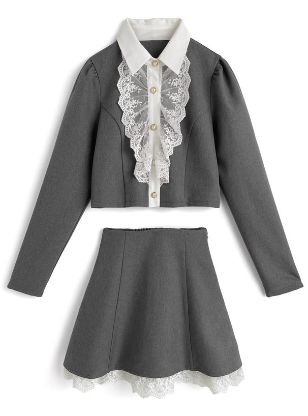 リボン付きレースブラウス×ミニスカートセットアップ[tu1954