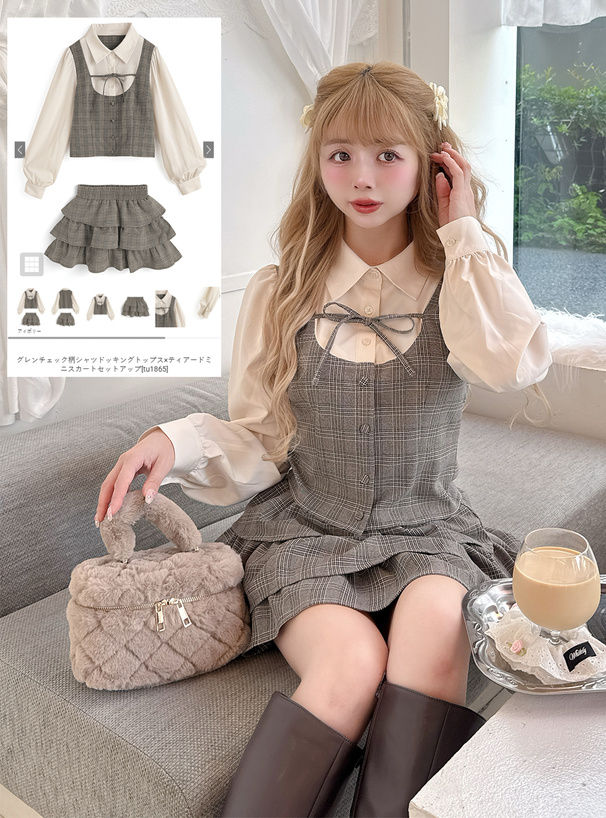 グレンチェック柄シャツドッキングトップス×ティアードミニスカート