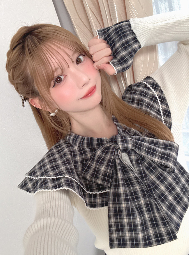 チェック柄フリルリボンカラードッキングニットトップス[tw1244
