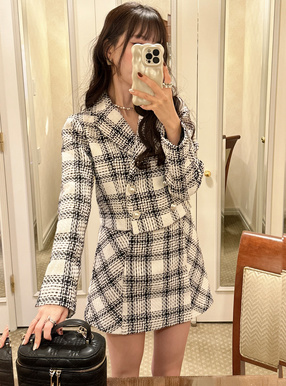 ショート丈ジャケット×ミニスカートチェック柄ツイードセットアップ