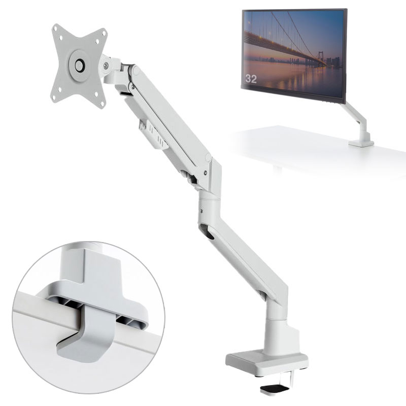 モニターアーム｜ガス式・スリムクランプ/穴あけ・上下/左右/前後/回転・白