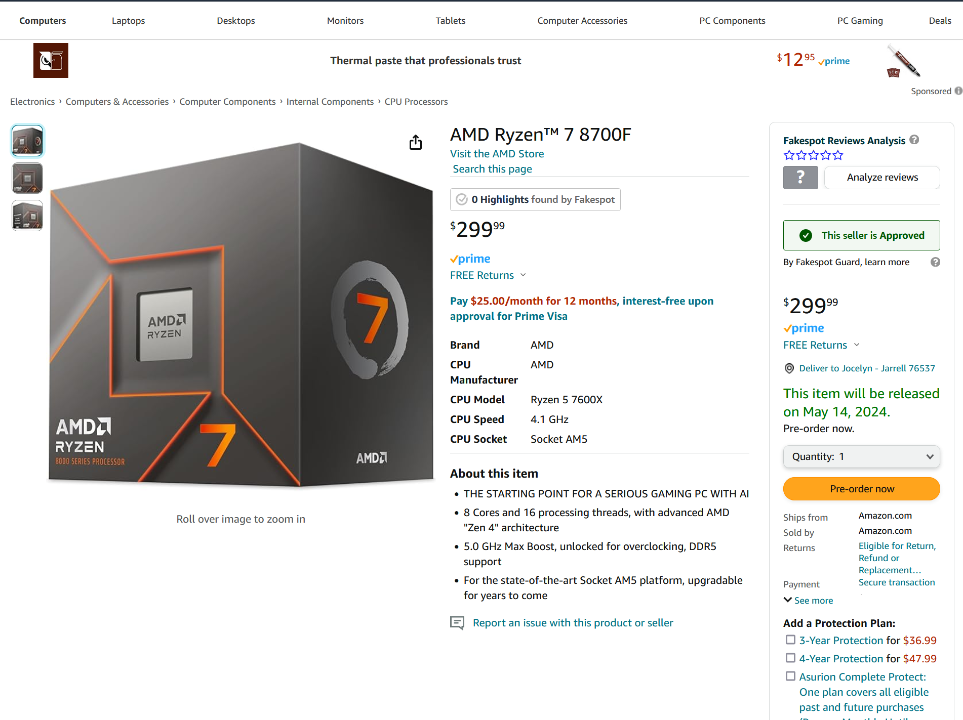 AMD's elusive Ryzen 7 8700F hits Amazon for $299.99 — pricier than