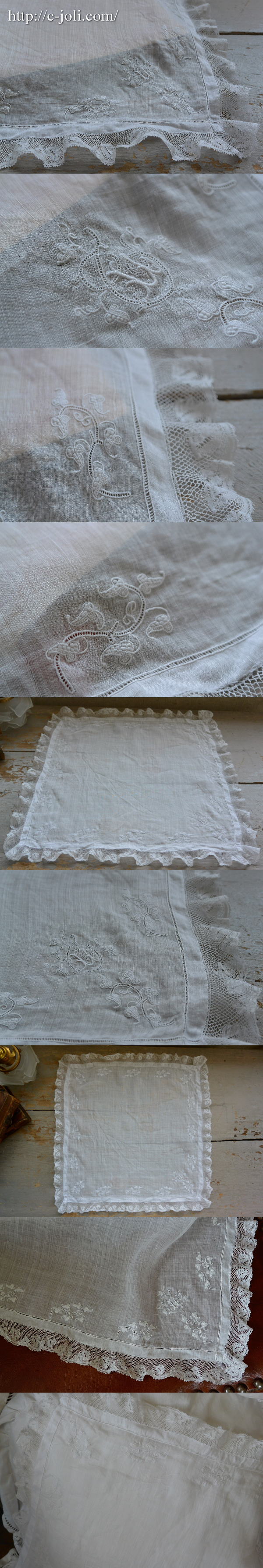 E-759 フランスアンティークハンカチ 19世紀ホワイトワーク手刺繍