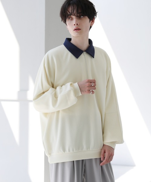 セール】ドルマン襟配色ハーフジップポンチ/フェイクスウェードプル