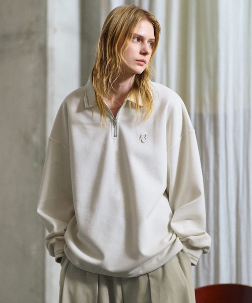 ワンポイントロゴ刺繍ドローコード付鹿の子ポンチハーフジップ