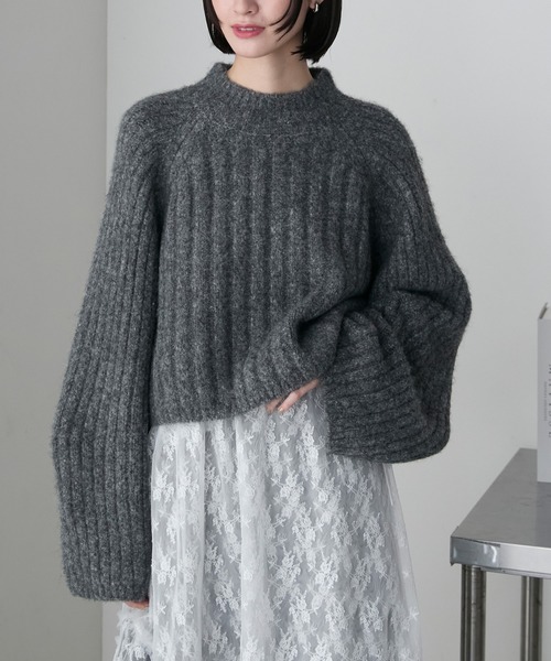 セール】【forksy.】ワイドスリーブ＆クロップド丈リブニット（ニット