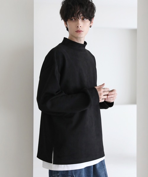 セール】モックネックドレープポンチ/フェイクスウェード長袖プル