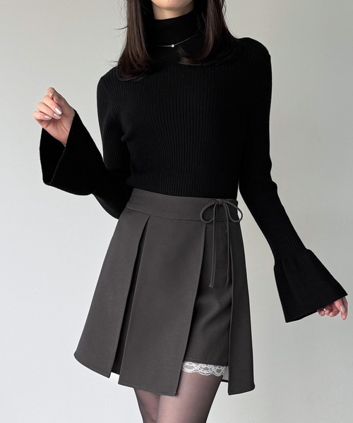 セール】サイドリボンラップ風プリーツレーススカパン（スカート