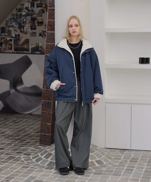 ダブルジップ比翼デザイン裏ボアリバーシブル中綿ブルゾン（ブルゾン