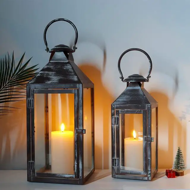 JHY DESIGN Set of 2 Antique Grey Brush Decorative Lanterns 17.5