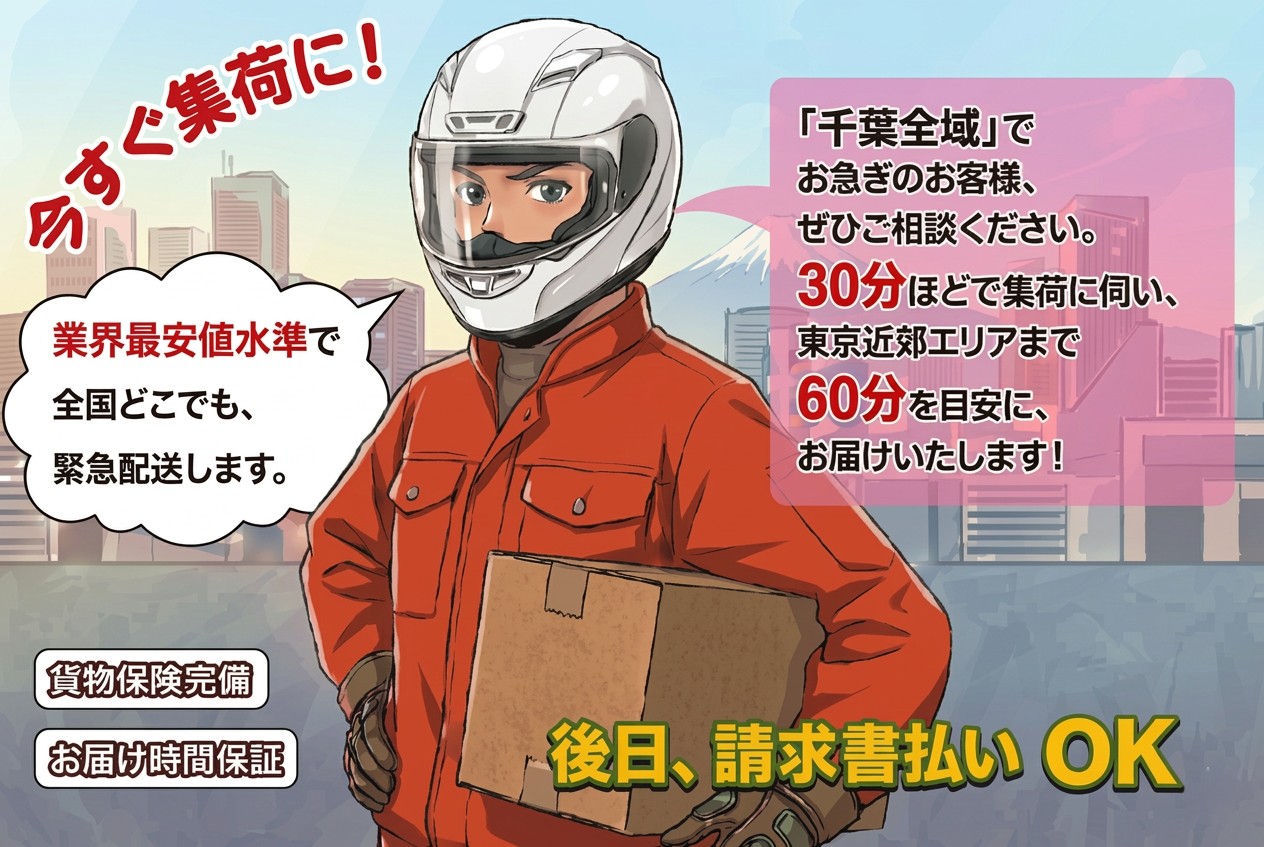 バイク便 浦安 〜東京まで30分配達〜 浦安市全域対応。バイク便