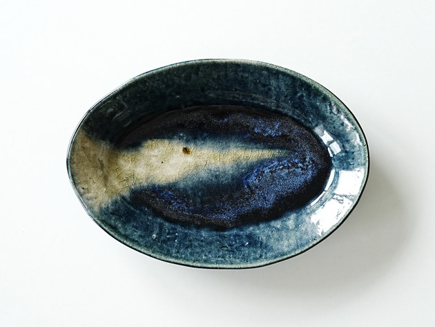 松村英治 オーバル中皿（青流し・B）
