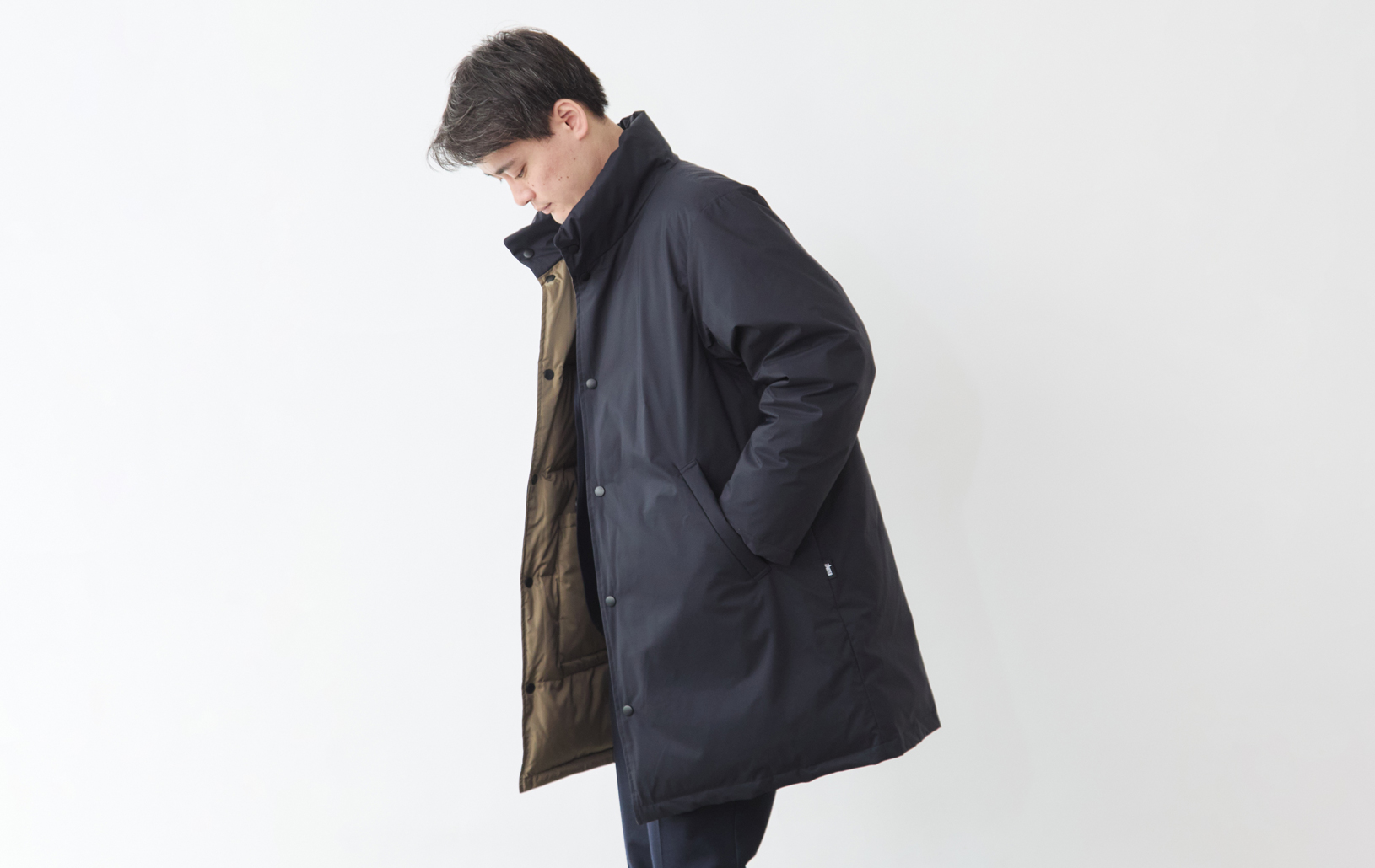 リバーシブル超軽量ロングダウン/ブラック×カーキ | Factelier