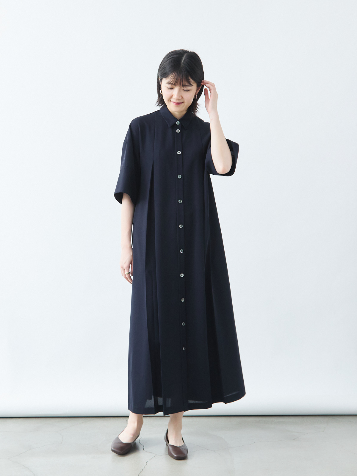 ORIGAMIプリーツシャツワンピース/クールタッチ/ウォッシャブル