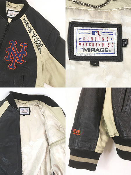 古着 90s MLB New York Mets メッツ 両面 刺しゅう パデット 本革