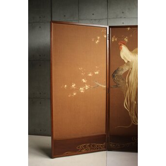 尾長鶏 刺繍画 衝立 Z672｜骨董店 のびる 古美術 骨董 和風建具 蔵戸