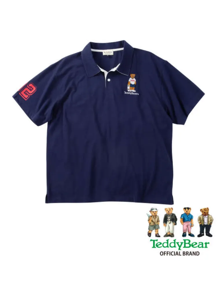ネイビー 【Teddy Bear】鹿の子刺繍&プリント半袖ポロシャツ