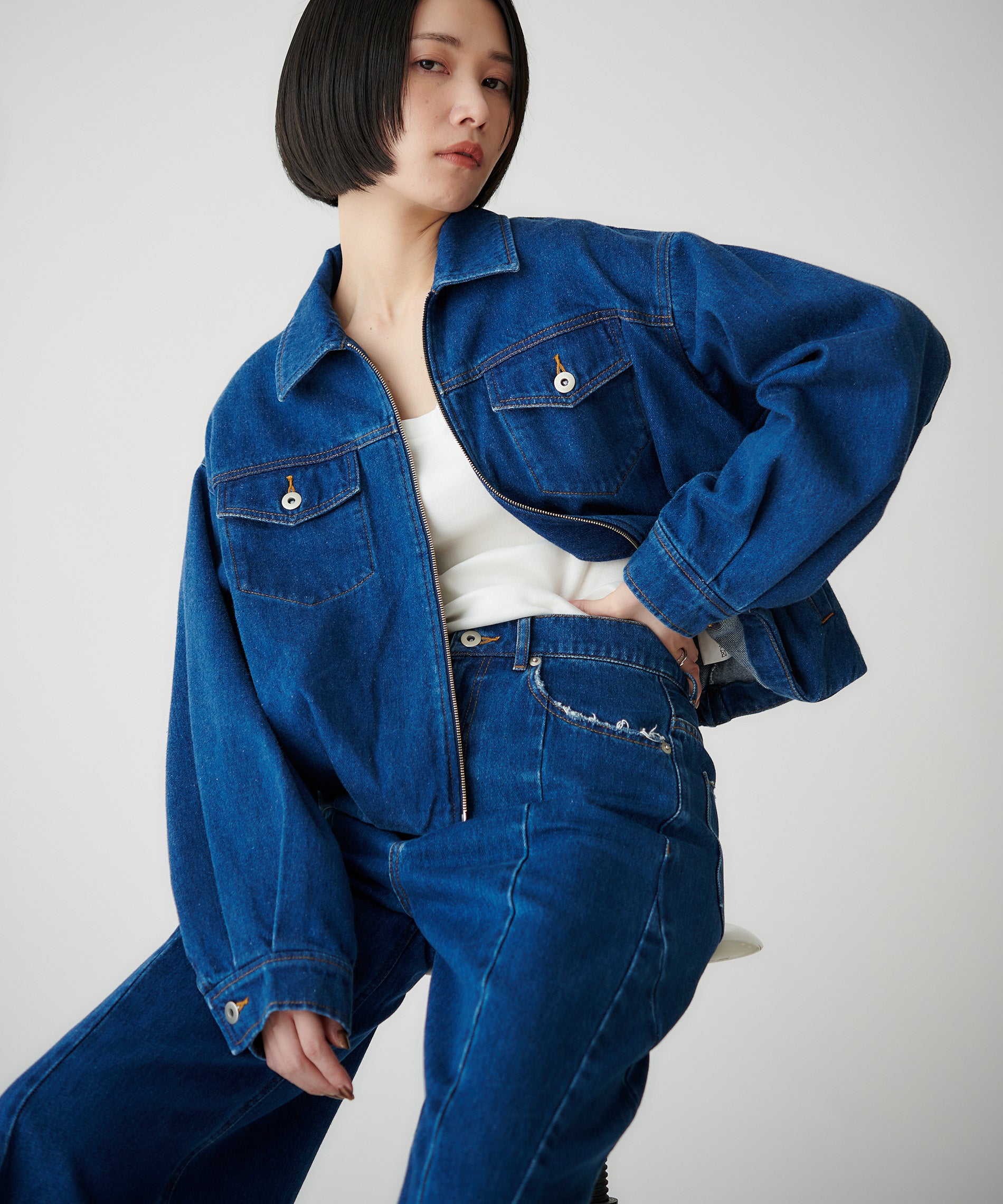 コットンデニムジップアップブルゾン – FACE SANS FARD