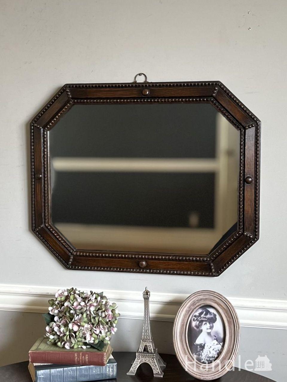 オーク材のおしゃれな壁掛け鏡、英国アンティークの男前ミラー(k-5839