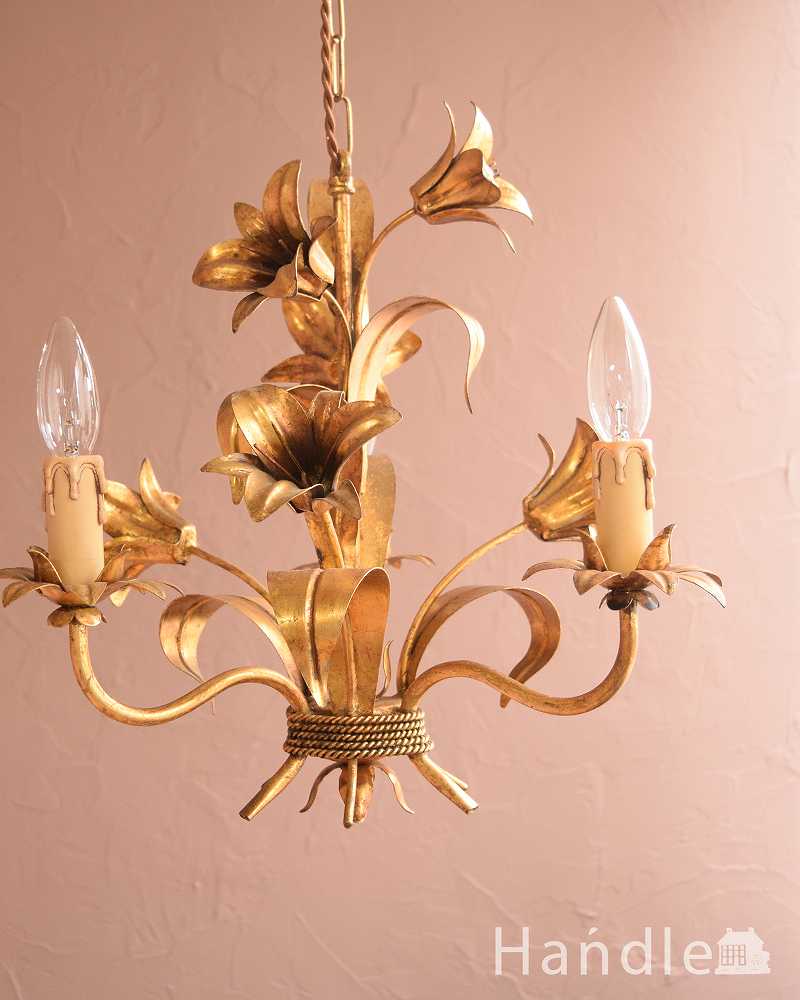 エレガントな真鍮製アンティークシャンデリア（3灯）（E17