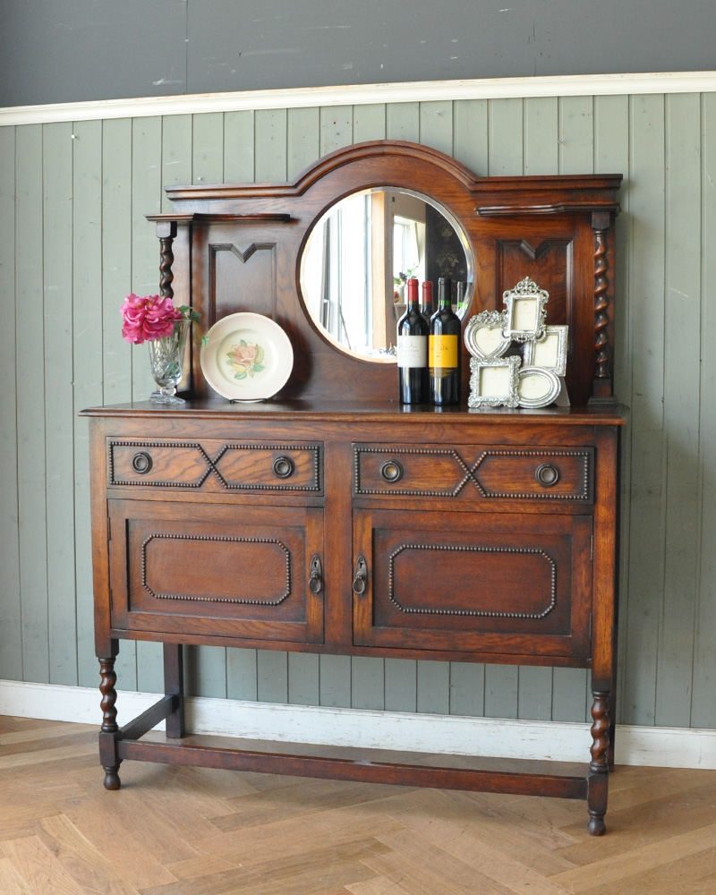 英国アンティーク家具、オーク材のミラーバックサイドボード（ミラー