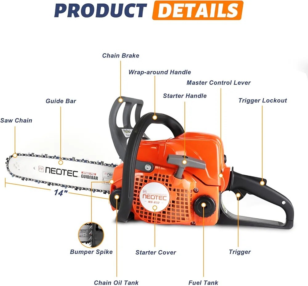 Neotec NS832 Gas Chainsaw with 14'' Bar and Chain (MS180 CLONE) | eBay