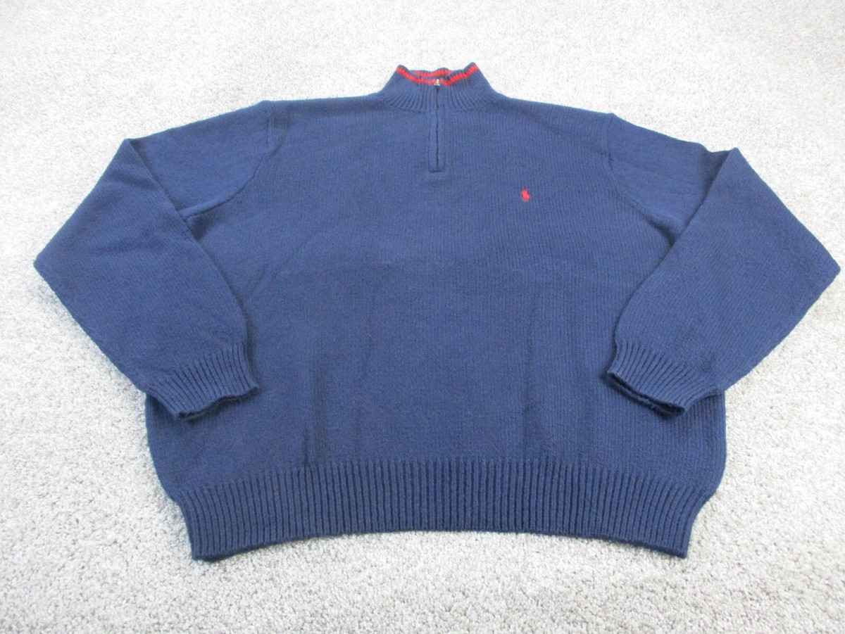 VINTAGE Ralph Lauren Polo Quarter Zip Sweater Mens Blue Red Pony