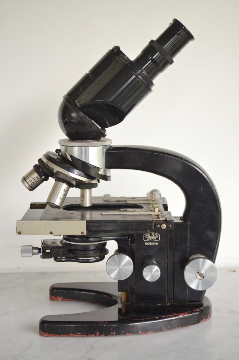 Vintage CARL ZEISS JENA Microscope & 4 Lenses & Original Wood Case