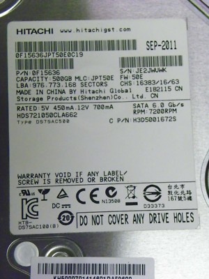 Hitachi HDS721050CLA662 P/N:0F15636 MLC: JPT50E 500GB 3.5