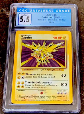 1999 POKEMON BASE SET ZAPDOS #16 HOLO-CGC 5.5 /EXCELLENT+ FRESHLY