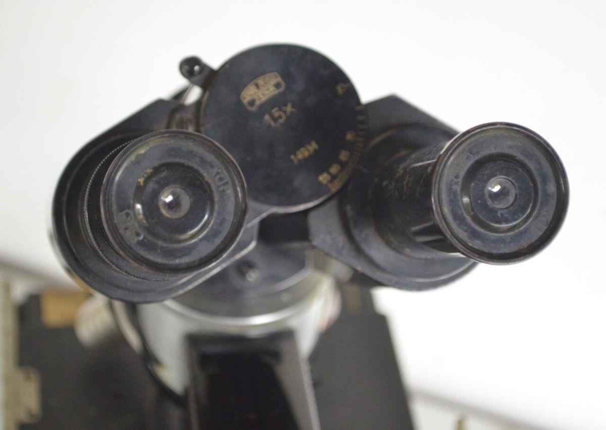 Vintage CARL ZEISS JENA Microscope & 4 Lenses & Original Wood Case