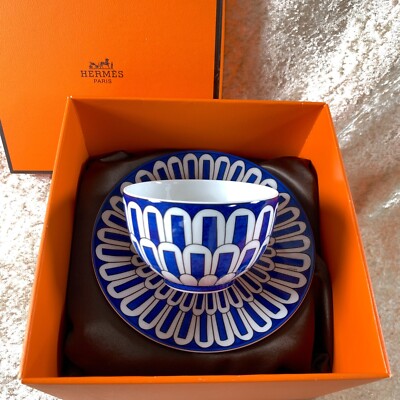 Hermes Paris Bleus d'Ailleurs Tea Cup & Saucer Blue Porcelain