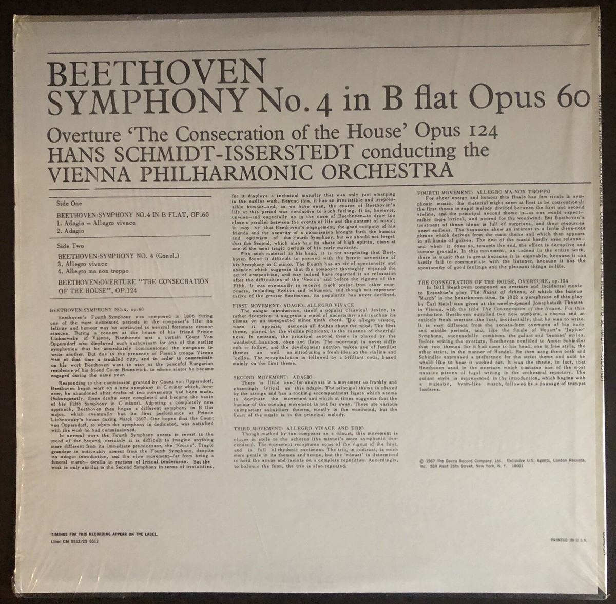 Beethoven - Symphony No. 4 LP - Hans Schmidt-Isserstedt - Vienna