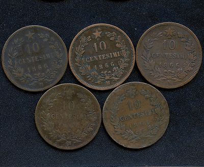 Italy 1866 'H' 1866 'M' 1866 'N' 1866 'OM' & 1866 'T' 10 Centesimi
