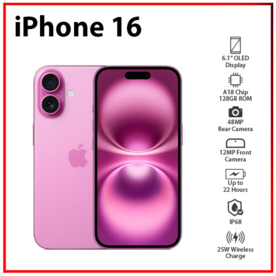 New) Apple iPhone 16 5G 8GB+128GB PINK Dual SIM Unlocked iOS Cell
