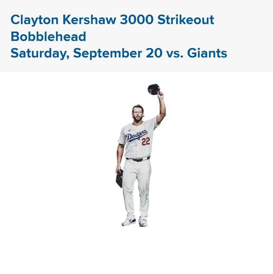 Clayton Kershaw 3000 Strikeout LA Dodgers Bobblehead 9/20/25